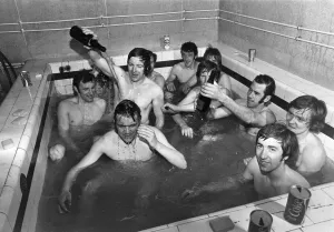 Celtic players celebrate in team bath after winning match against Hibernian Celtic players celebrate in team bath after winning match against Hibernian