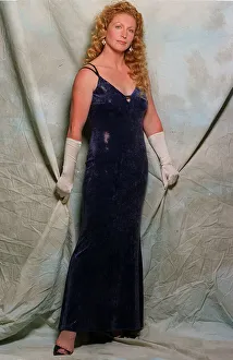 Charlie Dimmock August 1998 blue velvet evening dress white satin gloves Charlie Dimmock August 1998 blue velvet evening dress white satin gloves