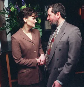 Cherie Blair holds David Blunkett's hand and talks to him at the unvieling of Cherie Blair holds David Blunkett's hand and talks to him at the unvieling of