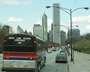 Chicago USA, November 1999 Gray Line Tours bus in traffic Chicago USA, November 1999 Gray Line Tours bus in traffic