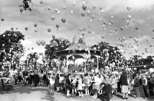 Children from Newbiggin Hall Estate in the West End of Newcastle set balloons flying Children from Newbiggin Hall Estate in the West End of Newcastle set balloons flying