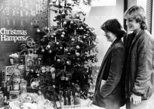 Christmas Hampers, on sale at Howells Department Store, Cardiff, Wales, 21st October 1982 Christmas Hampers, on sale at Howells Department Store, Cardiff, Wales, 21st October 1982