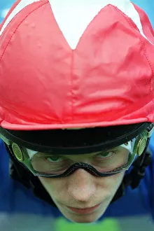 Close up of jockey John McAuley on Serious Hurry Close up on face Close up of jockey John McAuley on Serious Hurry Close up on face