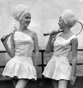 Clothing-Fashion: Sportswear: Left, Jacqueline Perrin wearing the bare shoulder look Clothing-Fashion: Sportswear: Left, Jacqueline Perrin wearing the bare shoulder look