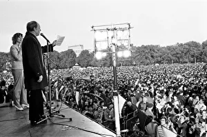 CND Peace March in Hyde Park in London October 1983. Neil Kinnock on stage making CND Peace March in Hyde Park in London October 1983. Neil Kinnock on stage making