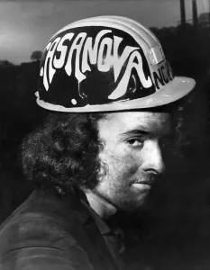 A coal miner with a specially designed helmet. December 1971 P018203 A coal miner with a specially designed helmet. December 1971 P018203