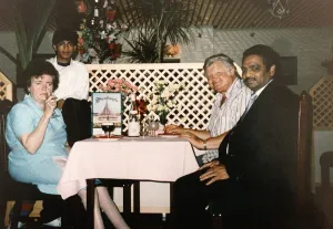 Comedian with Phoebe King who may inherit his fortune having dinner in a local restaurant Comedian with Phoebe King who may inherit his fortune having dinner in a local restaurant