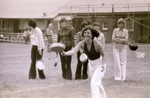 Competitor Heather Bradditich winds up for her throw in the great frying pan throwing Competitor Heather Bradditich winds up for her throw in the great frying pan throwing