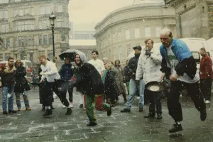 Competitors strugging through snow and sleet to take part in the Shrove Tuesday Pancake Competitors strugging through snow and sleet to take part in the Shrove Tuesday Pancake