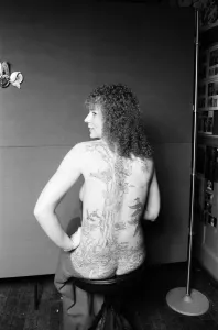 Connie Cunningham shows off her tattooed back. 28th October 1981 Connie Cunningham shows off her tattooed back. 28th October 1981