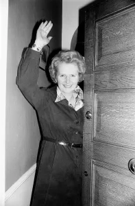 Conservative politician Margaret Thatcher waves at the front door of her home May Conservative politician Margaret Thatcher waves at the front door of her home May