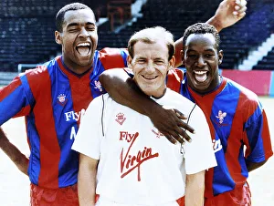 Crystal Palace manager Steve Coppell poses his two strikers Mark Bright (left Crystal Palace manager Steve Coppell poses his two strikers Mark Bright (left