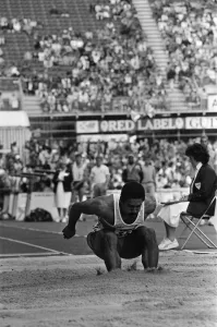 Daley Thompson competing in the long jump during the Commonwealth Games Daley Thompson competing in the long jump during the Commonwealth Games