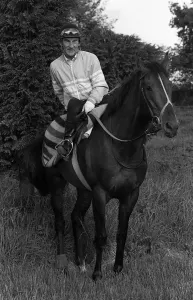 Dancing Brave and jockey Greville Starkey after an early morning gallop 29th May Dancing Brave and jockey Greville Starkey after an early morning gallop 29th May