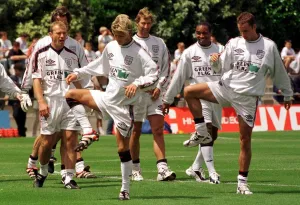 David Beckham and England players training June 1998 in France as they David Beckham and England players training June 1998 in France as they