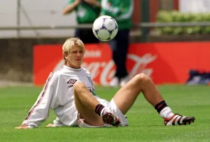 David Beckham during England training session June 1998 as they prepare for David Beckham during England training session June 1998 as they prepare for