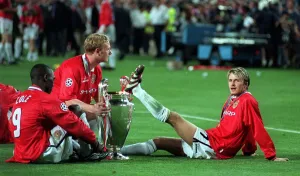 David Beckham Manchester United May 1999 midfielder rests foot on the Champions David Beckham Manchester United May 1999 midfielder rests foot on the Champions