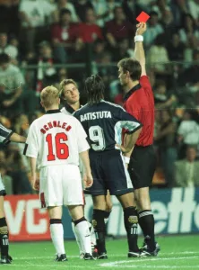 David Beckham is sent off the pitch June 1998 by referee Kim Nielsen against David Beckham is sent off the pitch June 1998 by referee Kim Nielsen against
