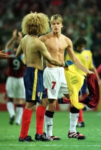 David Beckham swops shirts with Carlos Valderrama Jun 98 after Englands victory David Beckham swops shirts with Carlos Valderrama Jun 98 after Englands victory