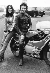 David Essex singer with actress Christina Raines on motorcycle David Essex singer with actress Christina Raines on motorcycle
