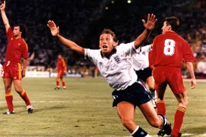 David Platt Football Arsenal and England scores winning goal in extra time game England v David Platt Football Arsenal and England scores winning goal in extra time game England v