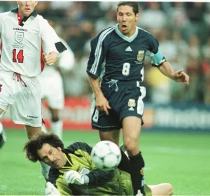 David Seaman brings down Diego Simeone June 1998 of Argentina for the first David Seaman brings down Diego Simeone June 1998 of Argentina for the first