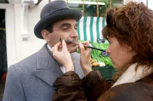 David Suchet Actor has his moustache adjusted while on the set of the TV programme Poirot David Suchet Actor has his moustache adjusted while on the set of the TV programme Poirot