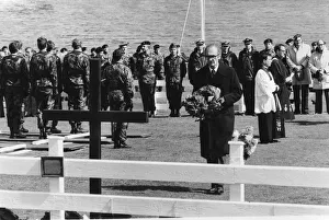Defence Secretary John Nott placing wreath on memorial in the Falkland Islands cemetery Defence Secretary John Nott placing wreath on memorial in the Falkland Islands cemetery