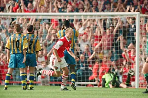 Dennis Bergkamp celebrates his second goal for his new club Arsenal Dennis Bergkamp celebrates his second goal for his new club Arsenal