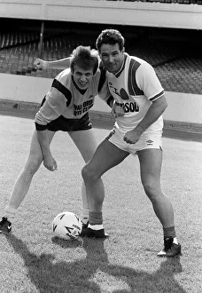Derek Hatton MP with actor Tom Watts practice for 1987 charity football match Derek Hatton MP with actor Tom Watts practice for 1987 charity football match