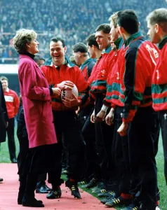Diana, Princess of Wales is introduced to the Welsh rugby team by captain Ieuan Evans Diana, Princess of Wales is introduced to the Welsh rugby team by captain Ieuan Evans