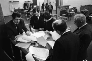 Dick Clement (2nd left) and Ian La Frenais (3rd left), scriptwriters for the 'Mr Dick Clement (2nd left) and Ian La Frenais (3rd left), scriptwriters for the 'Mr