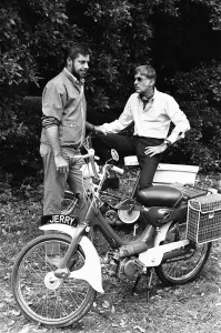 Director Jerry Lewis seen here with Peter Lawford whilst on location at Eastnor Castle Director Jerry Lewis seen here with Peter Lawford whilst on location at Eastnor Castle