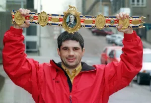 Drew Docherty Boxer April 1999 holding Lonsdale Belt British super-bantamweight title Drew Docherty Boxer April 1999 holding Lonsdale Belt British super-bantamweight title