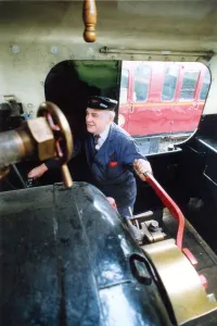 Driver John Maughan at the controls of one of the locomotives at the Stephenson Railway Driver John Maughan at the controls of one of the locomotives at the Stephenson Railway