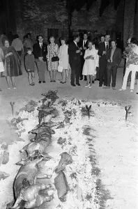 Eating Out, Majorca, Spain, August 1971. Pigs being roasted on spit Eating Out, Majorca, Spain, August 1971. Pigs being roasted on spit