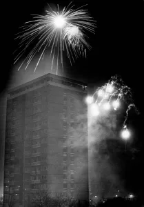 Edinburgh Tower is framed by the spectacular firework given in Everton Park, Liverpool Edinburgh Tower is framed by the spectacular firework given in Everton Park, Liverpool