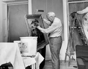 Edward Heath inspecting bomb damaged painting as workmen make repairs - January 1975 Edward Heath inspecting bomb damaged painting as workmen make repairs - January 1975