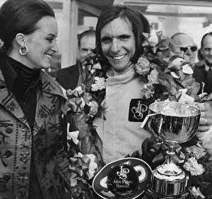Emerson Fittipaldi wins the British Grand Prix at Brands Hatch stands with wife Marina Emerson Fittipaldi wins the British Grand Prix at Brands Hatch stands with wife Marina