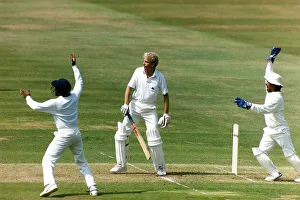 England cricketer David Gower at the crease whilst India launch a big appeal for caught England cricketer David Gower at the crease whilst India launch a big appeal for caught
