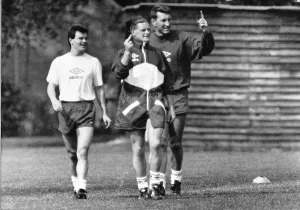 England footballer Paul Gascoigne giving the finger during a training session alongside England footballer Paul Gascoigne giving the finger during a training session alongside