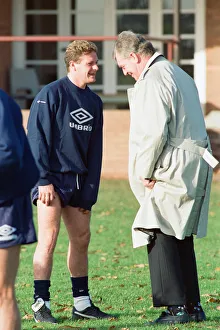 England footballer Paul Gascoigne joking around with coach Lawrie McMenemy at their England footballer Paul Gascoigne joking around with coach Lawrie McMenemy at their
