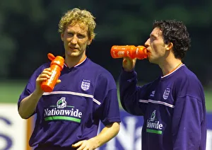 England footballers Robbie Fowler (right) and Ray Parlour during a training session at England footballers Robbie Fowler (right) and Ray Parlour during a training session at