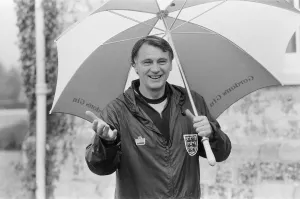 England manager Bobby Robson underneath an umbrella during an England training session at England manager Bobby Robson underneath an umbrella during an England training session at