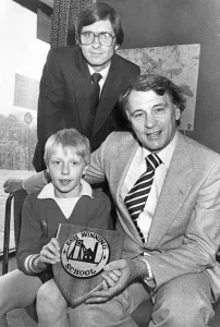 England manager Bobby Robson visited his old village school with headmaster John England manager Bobby Robson visited his old village school with headmaster John