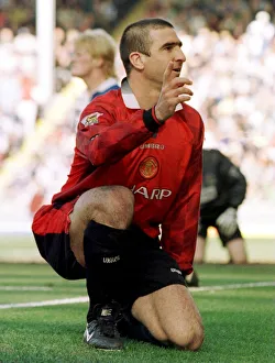 Eric Cantona of Manchester United celebrates his goal against Blackburn Rovers at Ewood Eric Cantona of Manchester United celebrates his goal against Blackburn Rovers at Ewood