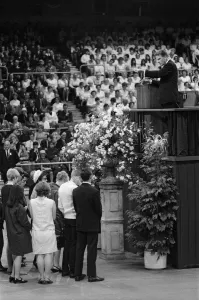 Evangelist Billy Graham addresses a crowd of 19000 people at Earls Court, London Evangelist Billy Graham addresses a crowd of 19000 people at Earls Court, London