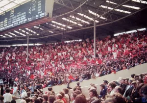FA Cup Final 1977 football fans Liverpool v Manchester United supporters with banners FA Cup Final 1977 football fans Liverpool v Manchester United supporters with banners