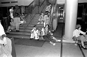 Fans of the Bay City Rollers at their gig in Cardiff take a break on the staircase at Fans of the Bay City Rollers at their gig in Cardiff take a break on the staircase at
