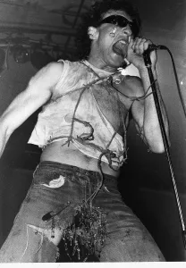 Fee Waybill pop singer with punk glam group The Tubes Singing on stage Fee Waybill pop singer with punk glam group The Tubes Singing on stage